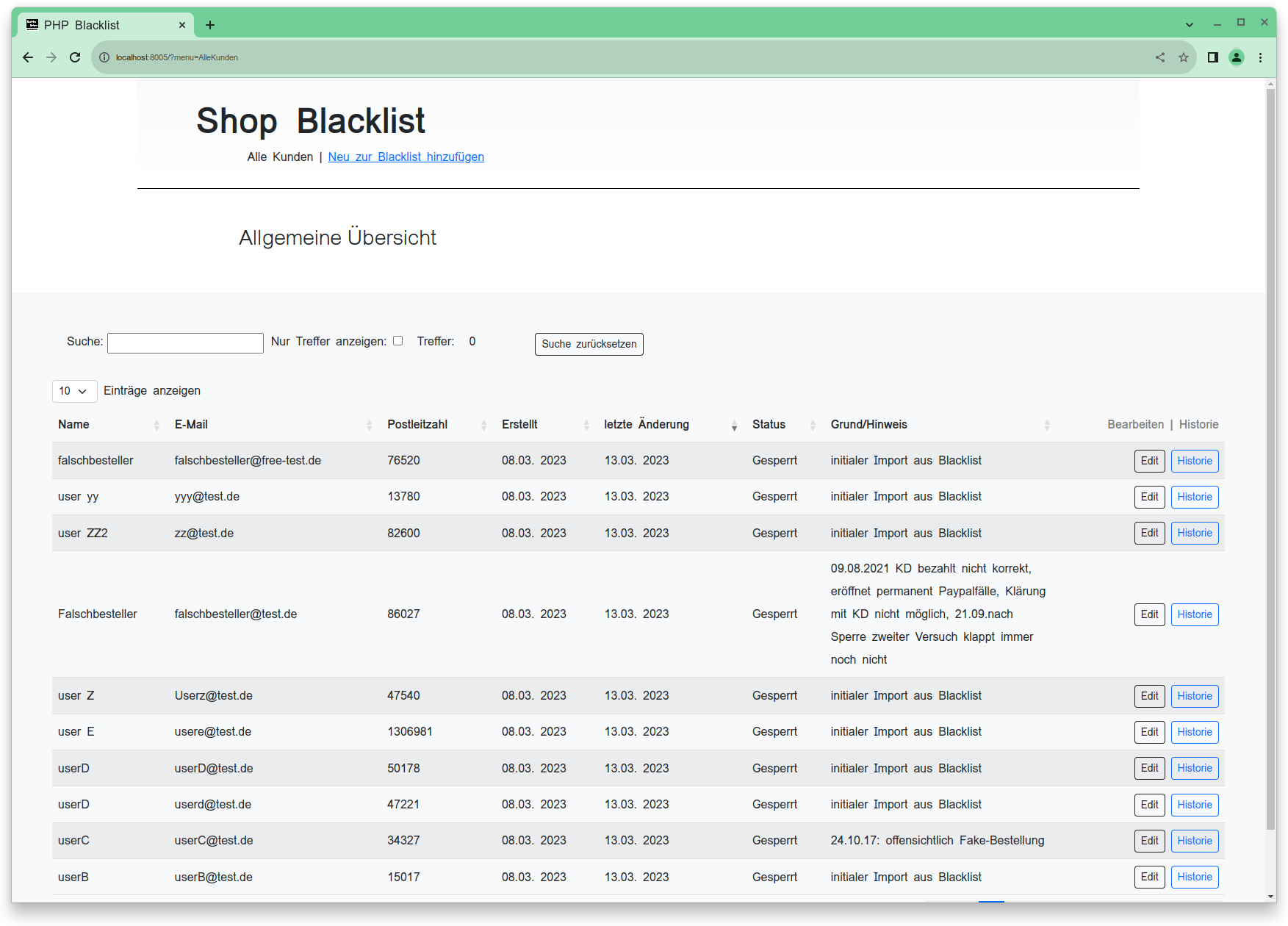 Screenshot von Shop Blacklist - Eine Anwendung zur Administration von Falschbestellern für einen Online Shop.