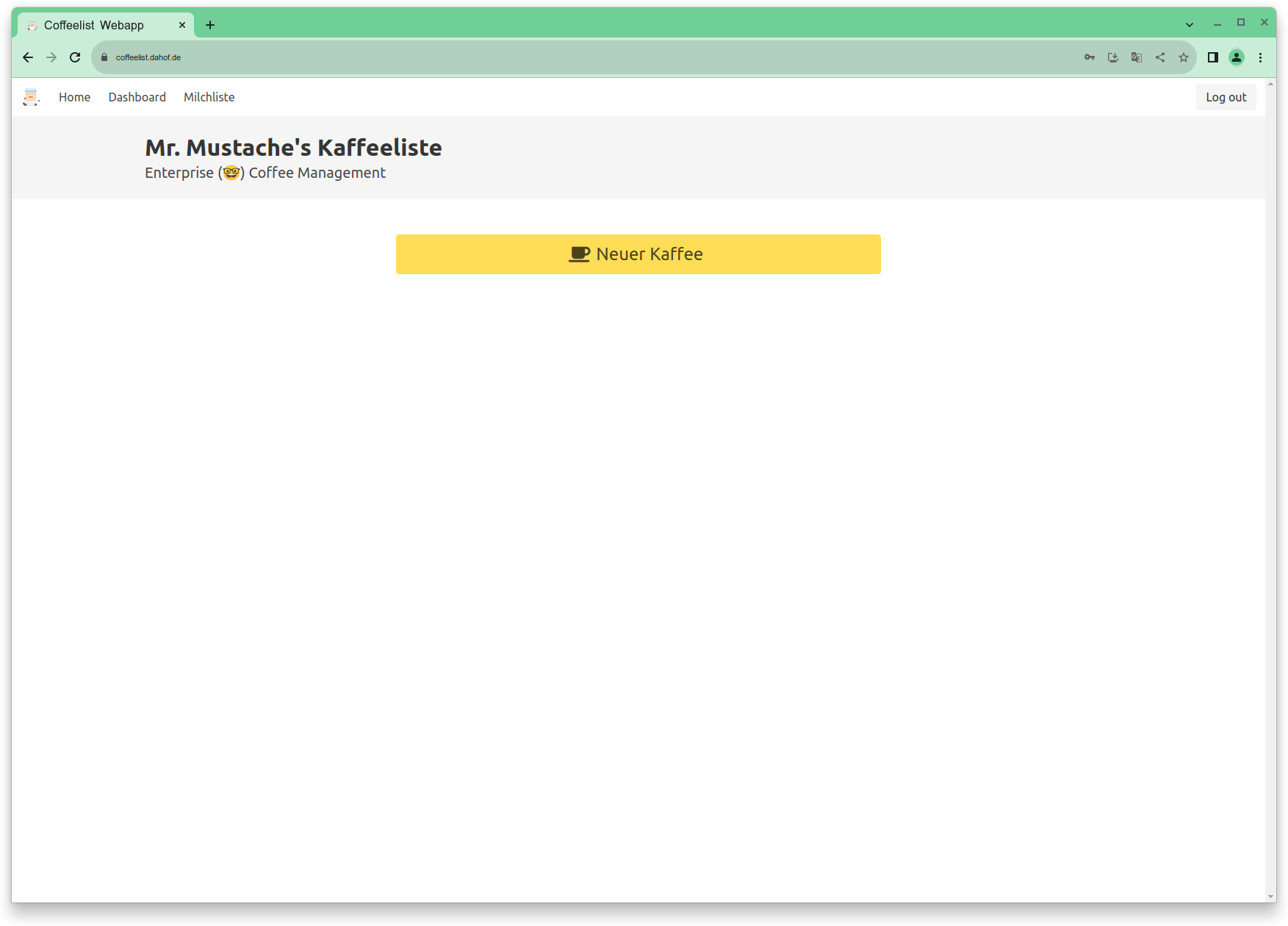 Screenshot von Coffee List - Die digitalisierte Kaffeeliste für die Abteilung. Als Spaßprojekt begonnen inzwischen in einem großen Konzern im Einsatz.